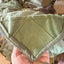 Green fabric face mask held by a hand with a blurred background
