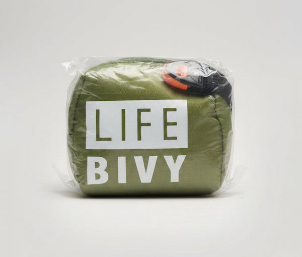 Green Life Bivy bag with 'LIFE BIVY' text on a white background