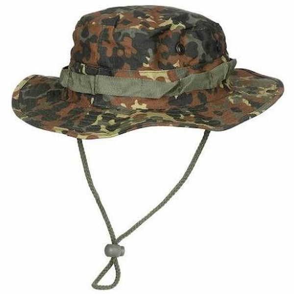Camouflage bucket hat with a rope on a white background