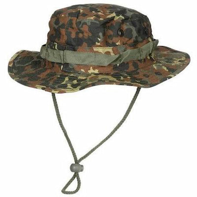 Camouflage bucket hat with a rope on a white background