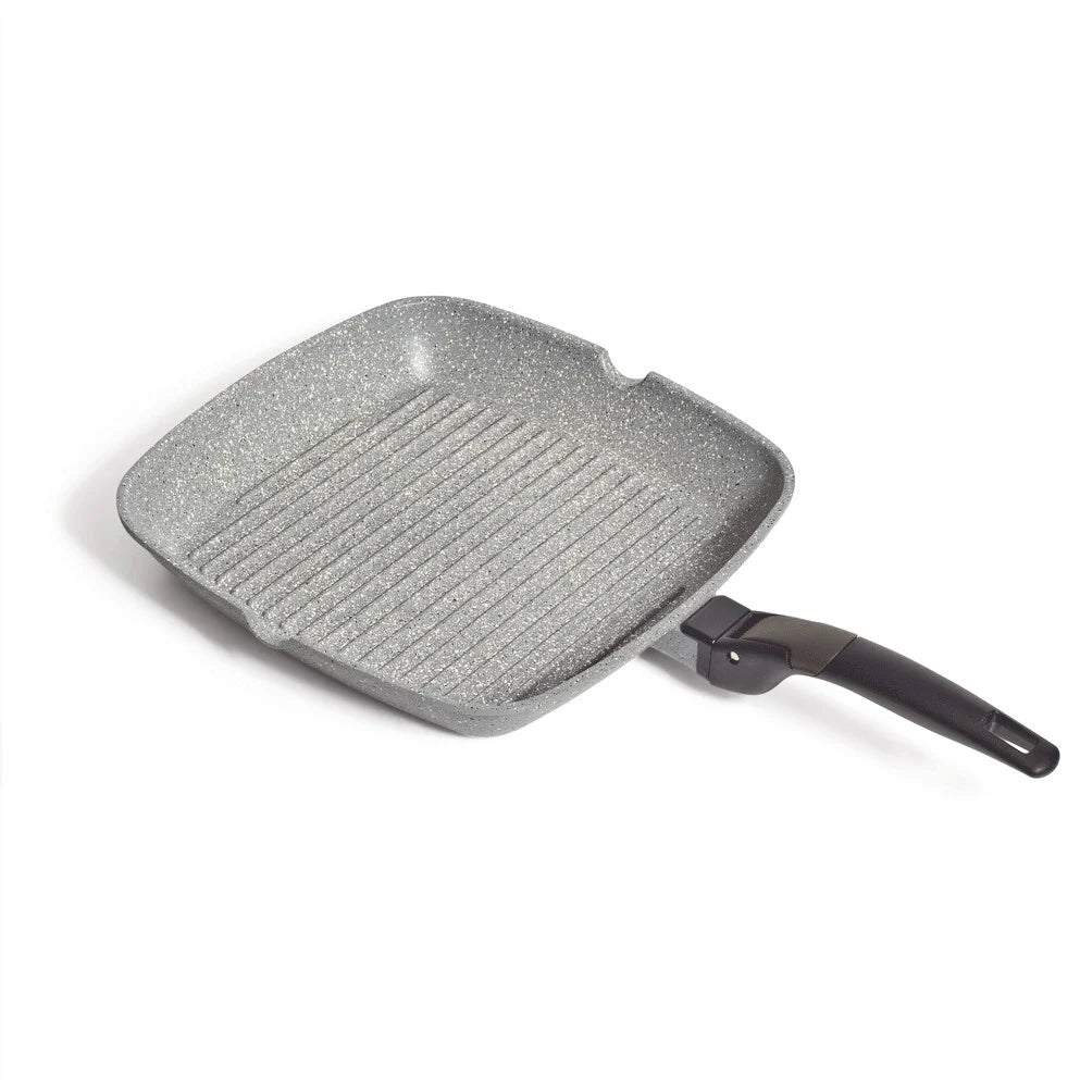 Gray speckled grill pan with a black handle on a white background