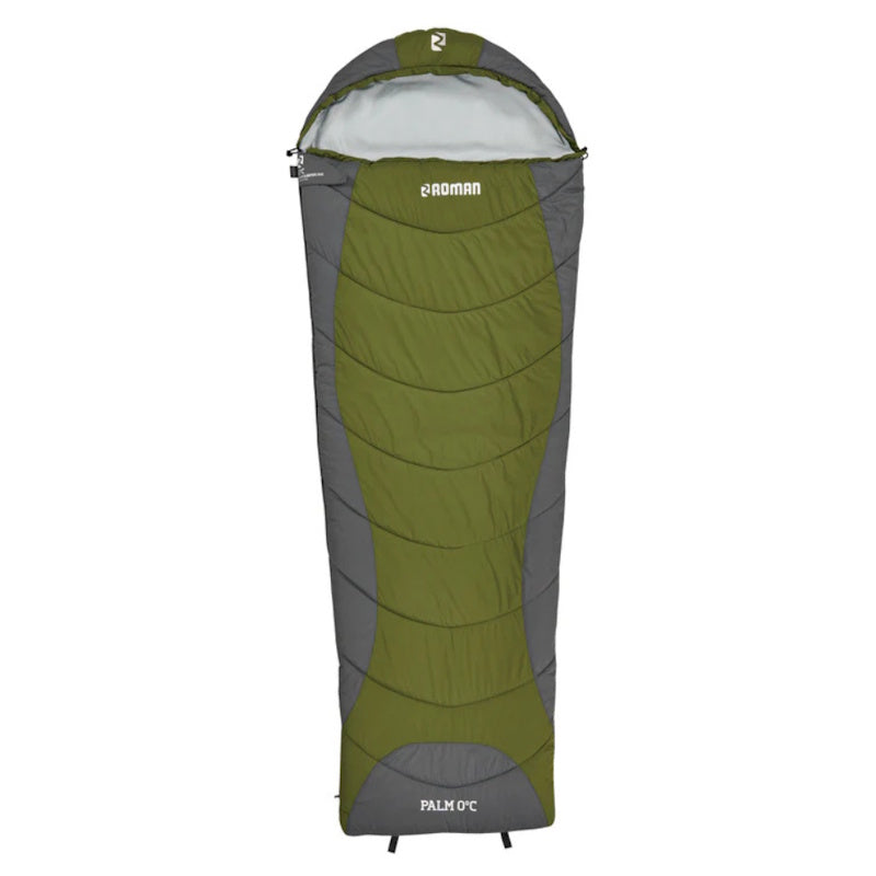 Green and gray sleeping bag with 'Roman' branding on a white background