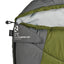 Close-up of a green and gray sleeping bag with a brand label.