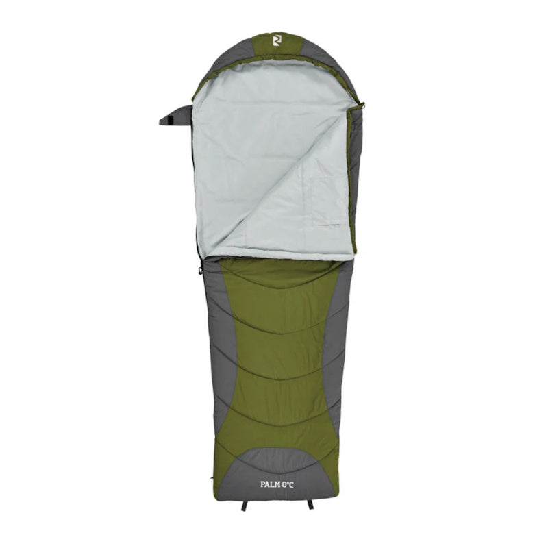 Green and gray sleeping bag with 'Palmac' branding on a white background