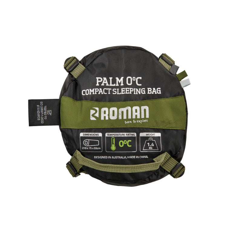 Baoman compact sleeping bag with branding and product details on a white background