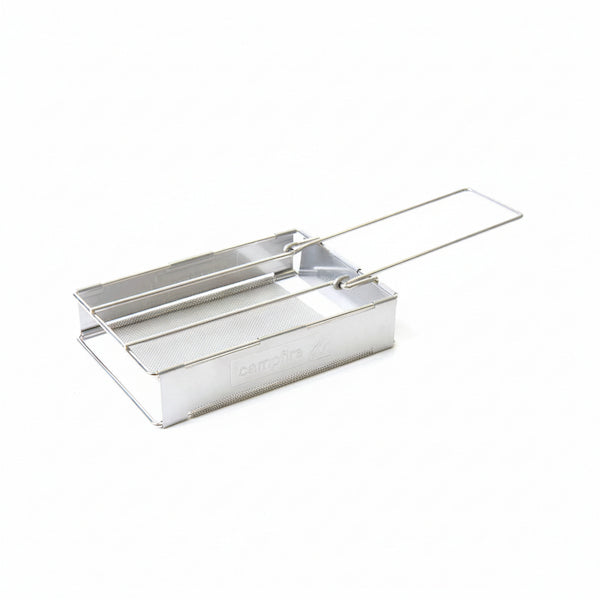 A stainless steel rectangular metal container with a long handle, shown on a plain white background.