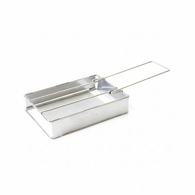 A stainless steel rectangular metal container with a long handle, shown on a plain white background.
