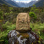 Tan backpack on a rock with a mountainous landscape in the background