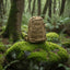 Tan backpack on a mossy rock in a forest