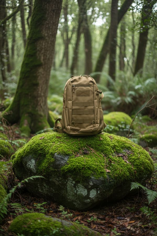 Tan backpack on a mossy rock in a forest