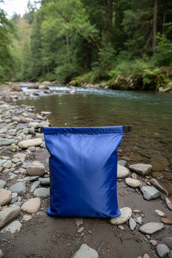 Blue bag on a rocky riverbank with green forest in the background