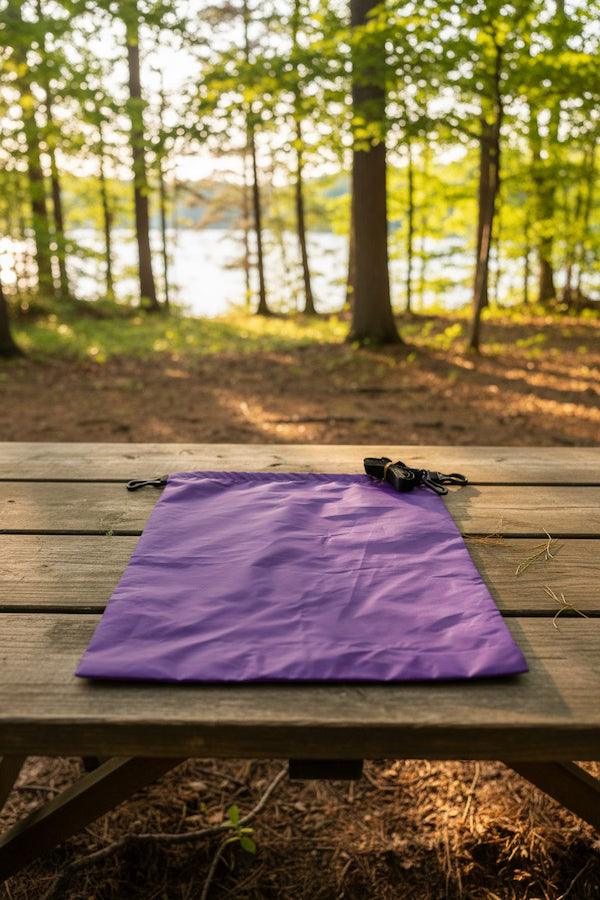 Purple drawstring bag on a wooden picnic table with a forest and lake background