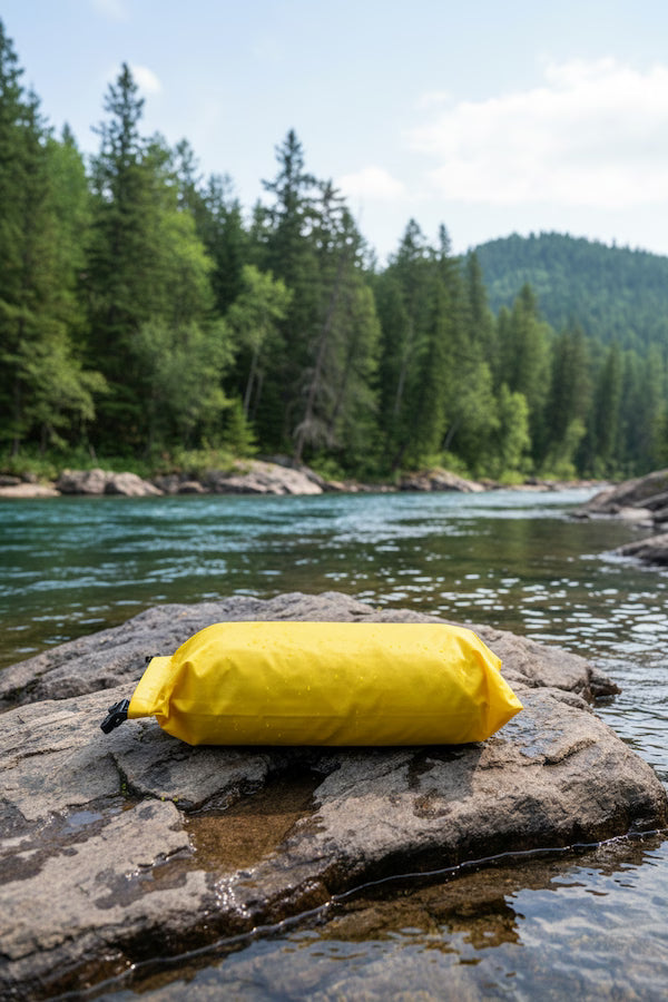 Yellow inflatable raft on a rock by a river with trees in the background