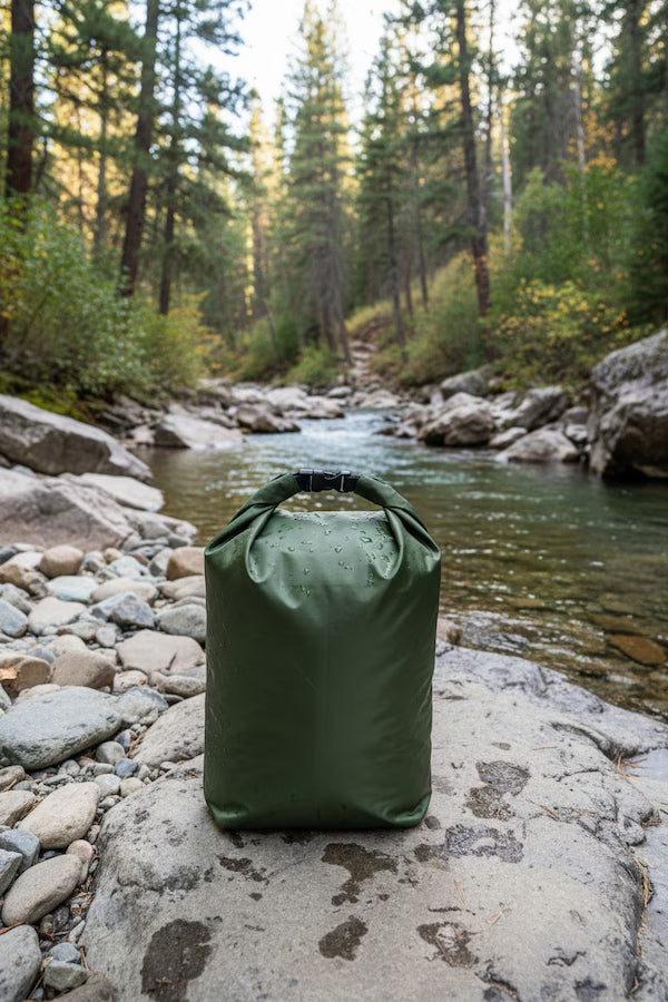 Green waterproof bag on a rock by a forest stream