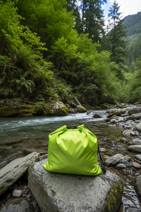 Green drawstring bag on a rock by a forest stream