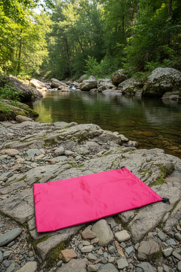 Pink mat on a rocky riverbank with green trees in the background