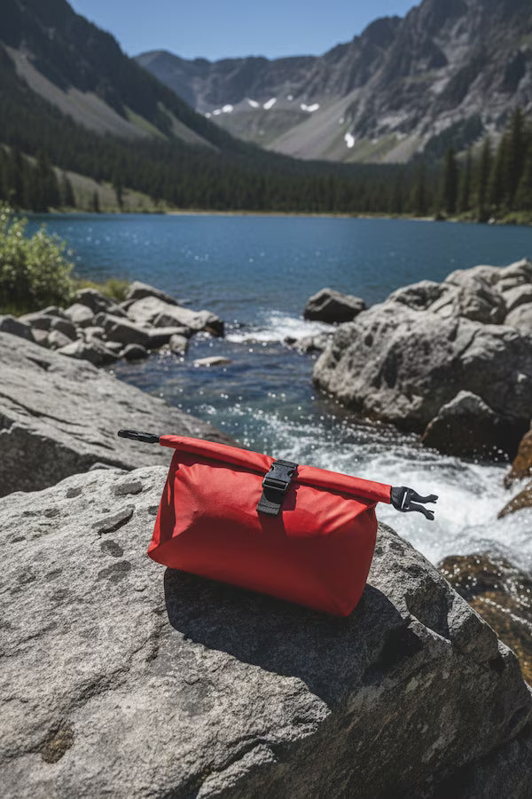 Red pack on a rock with a mountain lake and trees in the background