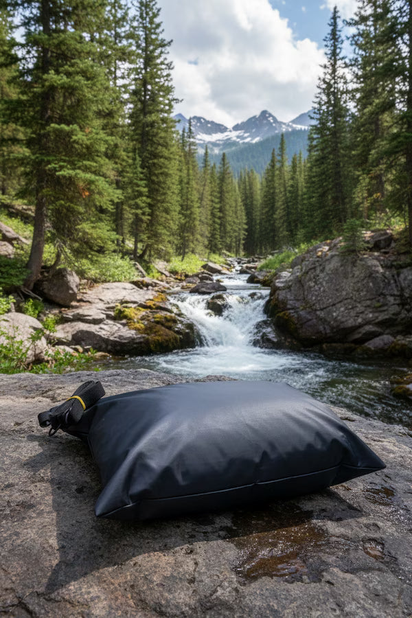 Black inflatable pillow on a rock by a stream with trees and mountains in the background