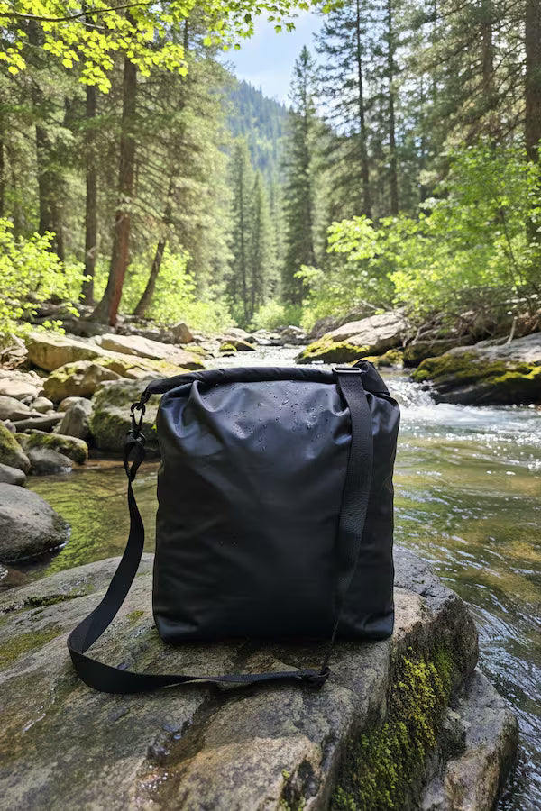 Black bag on a rock by a stream in a forest