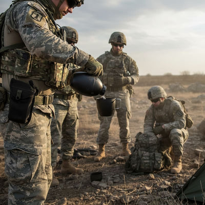 Soldiers in digital camouflage uniforms preparing water in an outdoor desert setting, with one soldier pouring from a black canteen into a cup.