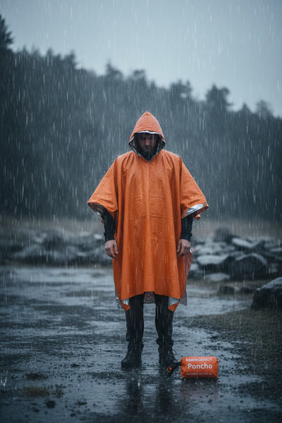 Person wearing an orange rain poncho standing in the rain with a product box on the ground.