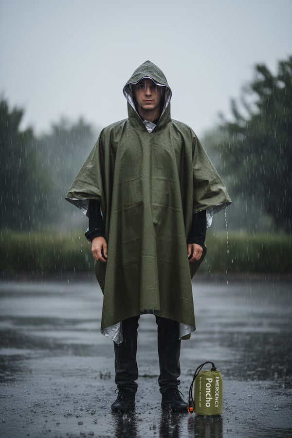Person wearing a green rain poncho standing in the rain with a blurred background