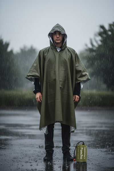 Person wearing a green rain poncho standing in the rain with a blurred background
