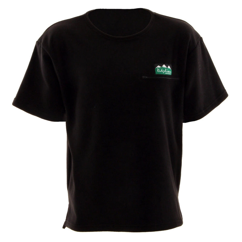Black t-shirt with a green logo on a white background