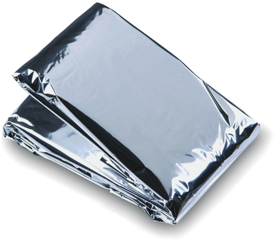 Metallic silver emergency blanket on a white background