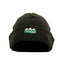 Black beanie with a green and white logo on a white background