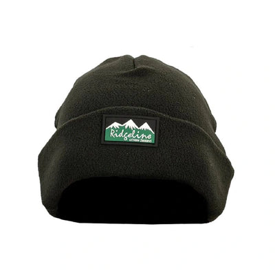 Black beanie with a green and white logo on a white background