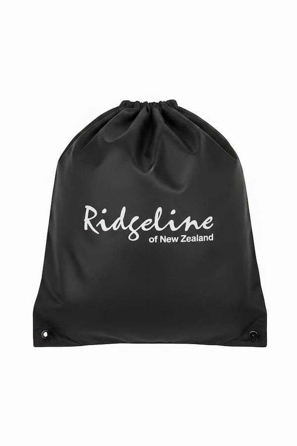 Black drawstring bag with 'Ridgeline of New Zealand' text on a white background