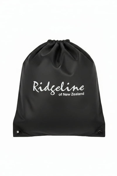 Black drawstring bag with 'Ridgeline of New Zealand' text on a white background