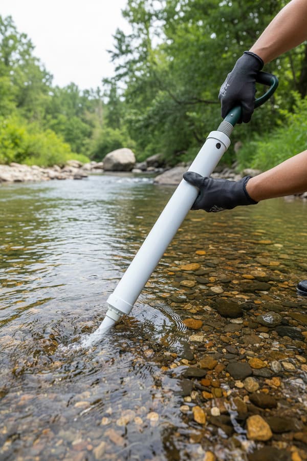 A person wearing black gloves uses a white handheld water sampler or pump device to collect water from a rocky stream, with green trees in the background.