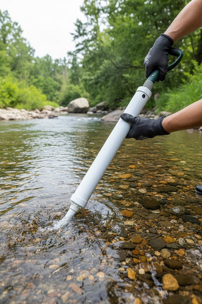 A person wearing black gloves uses a white handheld water sampler or pump device to collect water from a rocky stream, with green trees in the background.