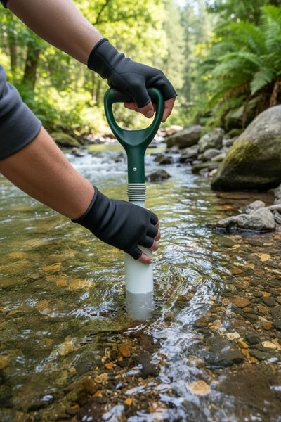 A person wearing black gloves inserts a white water sampler tube into a clear stream in a forest setting.