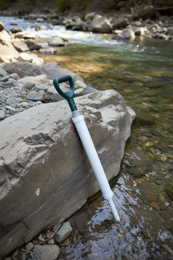 A white and dark green manual water filter straw with a loop handle, shown standing in shallow river water next to a large rock.