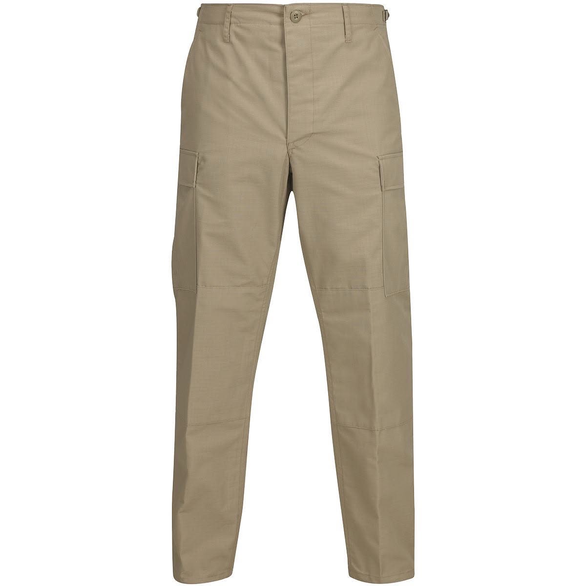 A pair of khaki cargo pants shown flat against a solid white background.