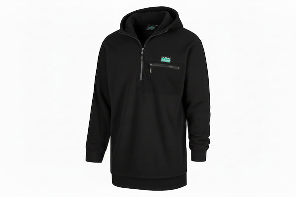 Black hoodie with a small logo on the chest against a white background