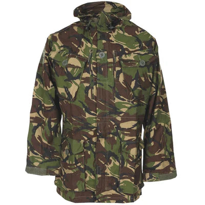 A woodland camouflage military-style jacket with a hood, shown on a plain white background.