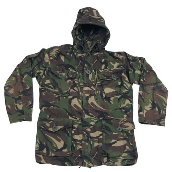 A hooded camouflage jacket with multiple front pockets, shown flat against a plain white background.