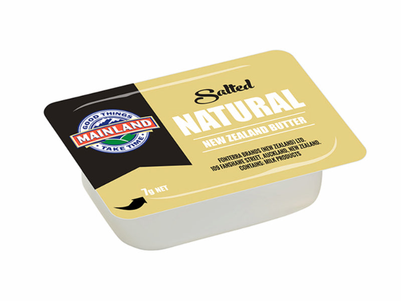 Mainland New Zealand Butter container with yellow and black label on a white background