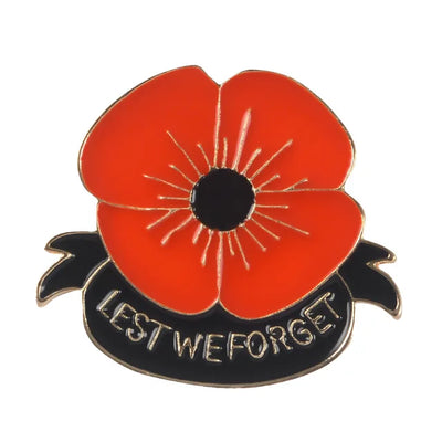 ANZAC LEST WE FORGET enamel poppy brooch/badge - Black, White, Silver or Gold