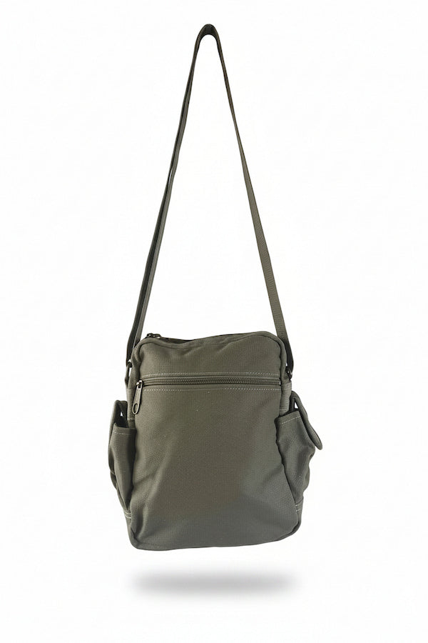An olive green nylon shoulder bag with a long adjustable strap, a front zippered pocket, and side pockets, shown against a plain white background.