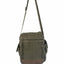 An olive green nylon crossbody bag with a brown leather-like bottom panel and matching strap, shown against a plain white background.