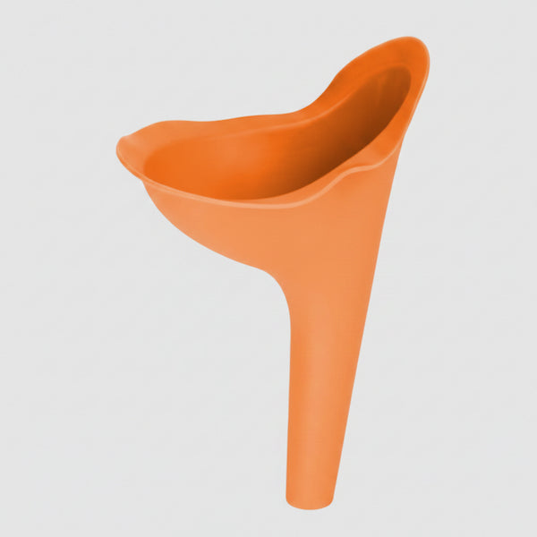 Orange plastic funnel on a light gray background
