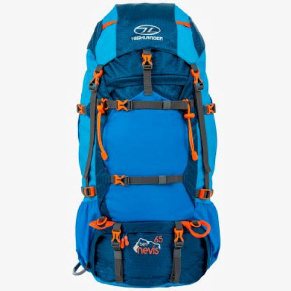 Blue hiking backpack with orange accents on a white background