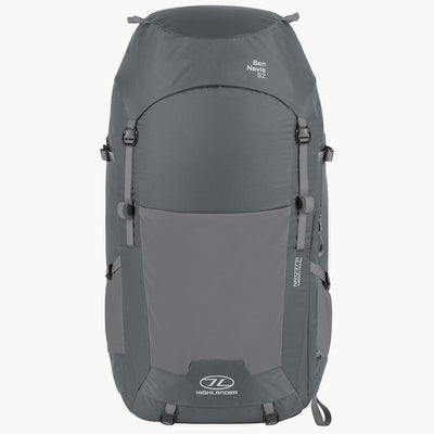 Gray 52 Litre backpack with visible Highlander branding on a white background