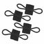 Four black elastic bands with square ends on a white background