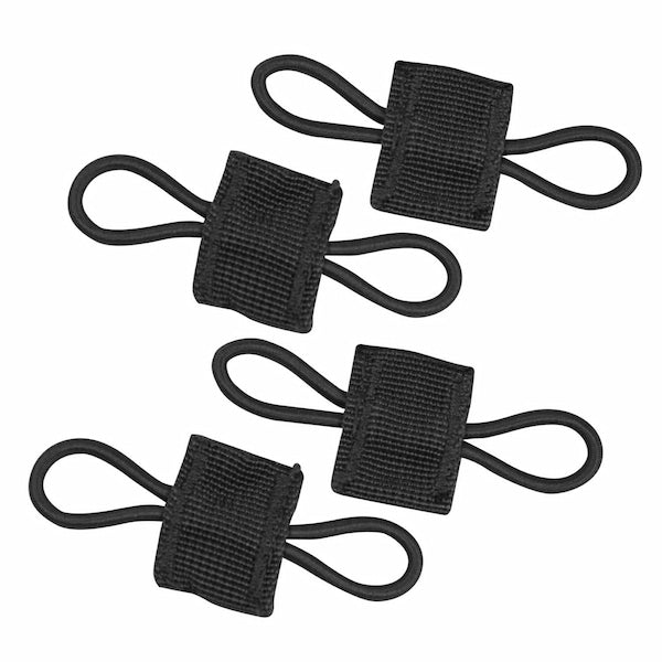 Four black elastic bands with square ends on a white background